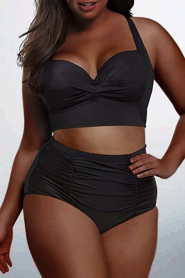 LW Plus Size Casual Basic Black Two-piece Swimsuit