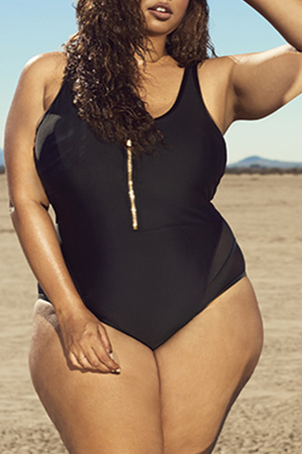 

Lovely Zipper Design Black Plus Size One-piece Swimsuit