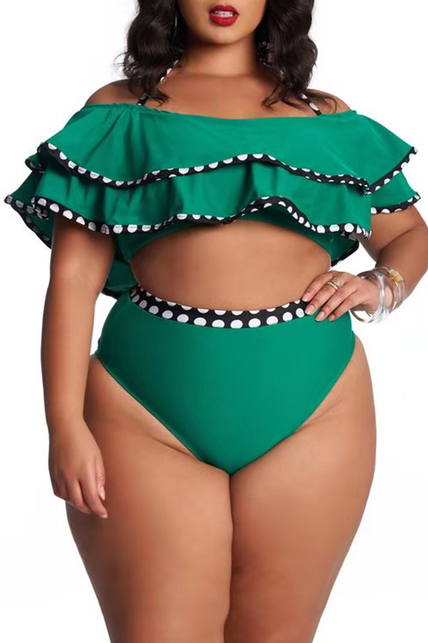 

Lovely Plus Size Flounce Design Green Two-piece Swimsuit