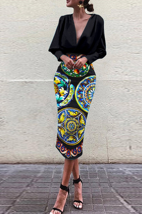 

Lovely Casual Patchwork Black Mid Calf Plus Size Dress