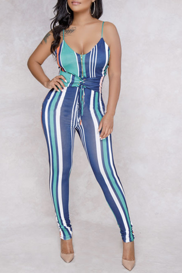 

Lovely Leisure Striped Blue One-piece Jumpsuit, Blue stripe