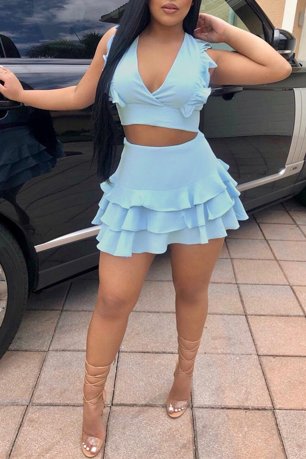 

Lovely Chic Flounce Blue Two-piece Skirt Set