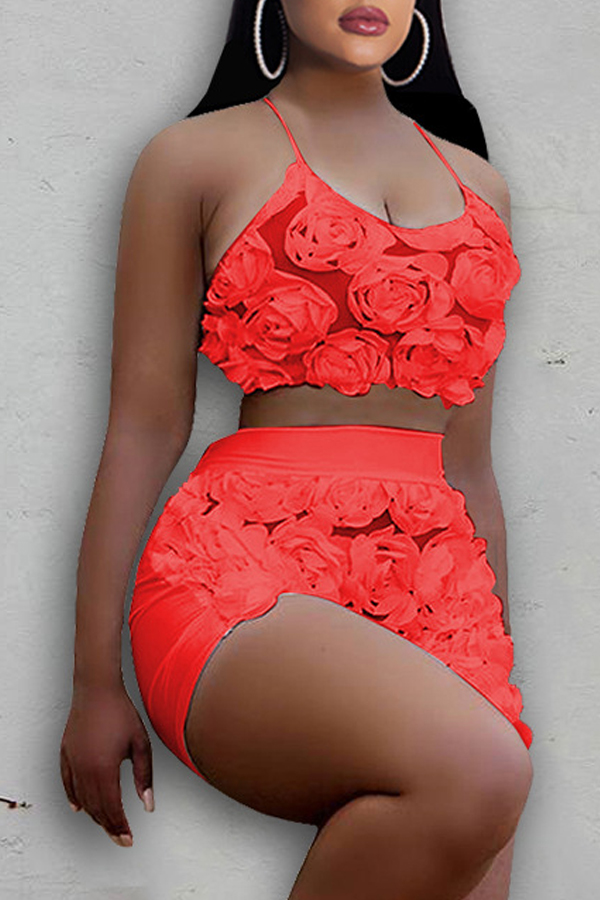 

Lovely Casual Patchwork Red Two-piece Shorts Set