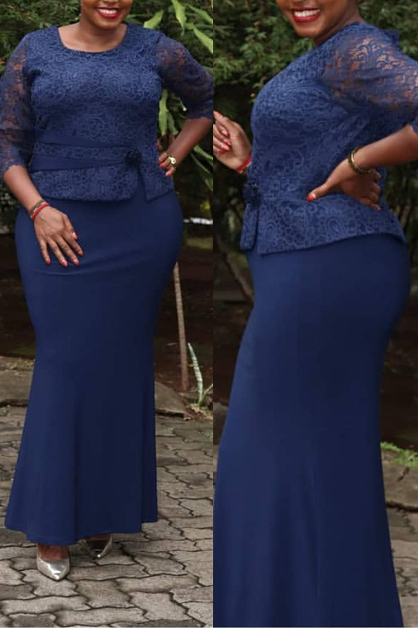 

Lovely Casual Patchwork Dark Blue Maxi Trumpet Mermaid Plus Size Dress