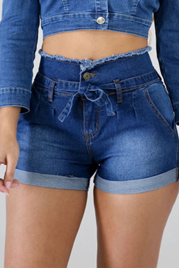 

Lovely Chic Lace-up Deep Blue Shorts