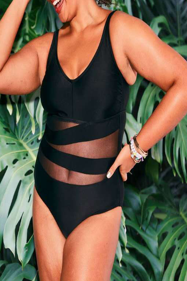 

Lovely Patchwork Black Plus Size One-piece Swimsuit