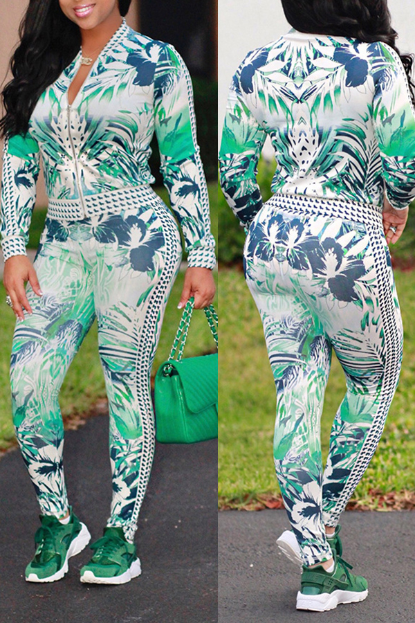 

Lovely Chic Print Green Two-piece Pants Set