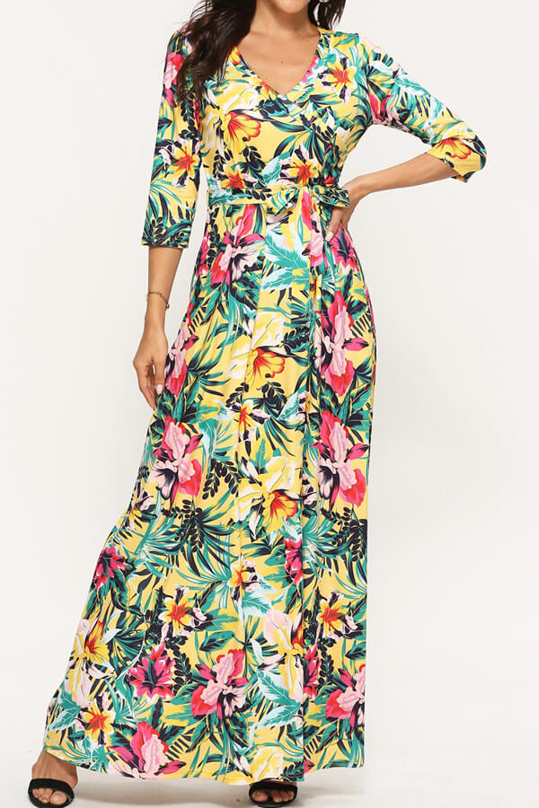 

Lovely Chic Floral Print Yellow Ankle Length Dress