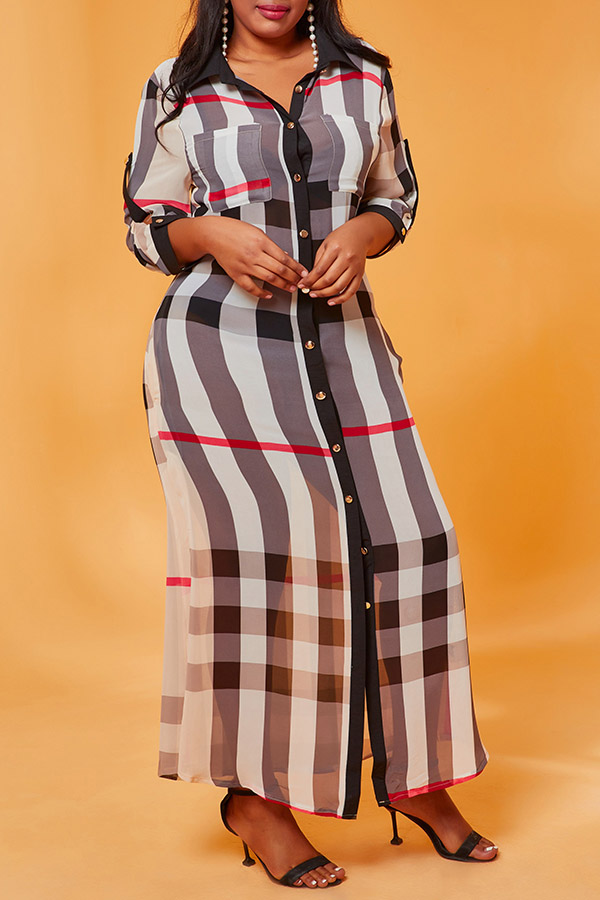 Lovely Casual Plaid Print Beige Ankle Length Plus Size Dress