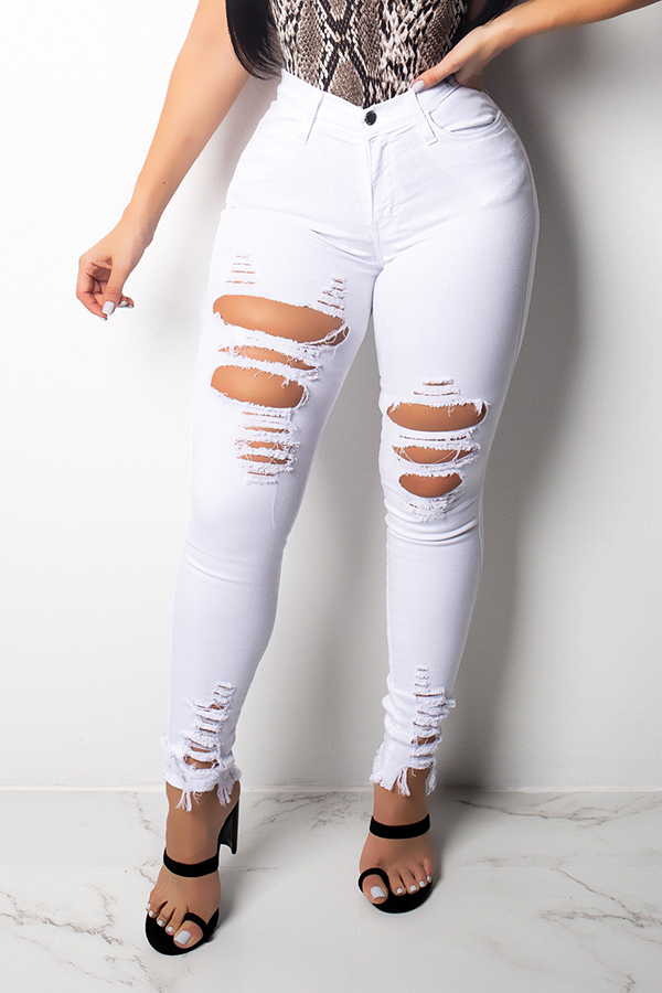

Lovely Trendy Hollow-out White Jeans