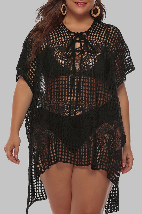 

Lovely Plus Size Chic Hollow-out Black Beach Dress