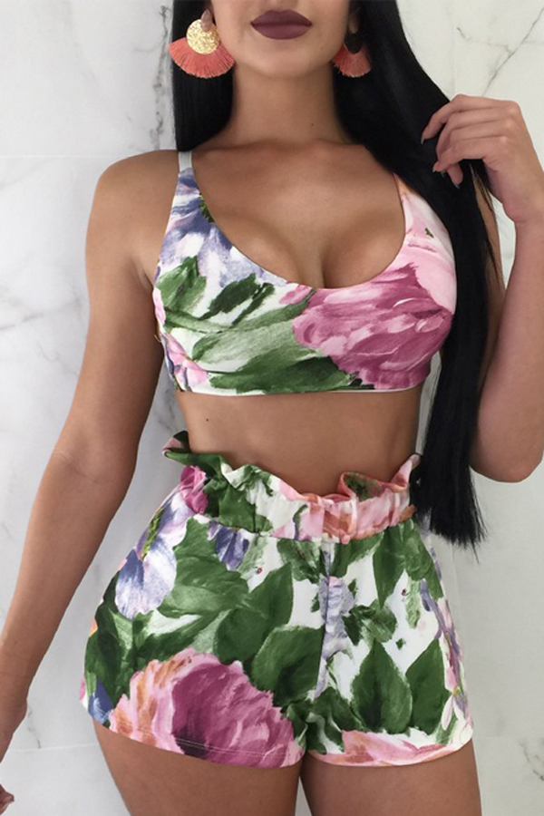 

Lovely Casual Print Pink Two-piece Shorts Set