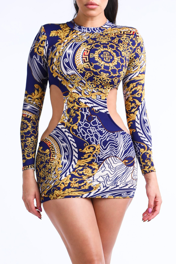 

Lovely Leisure Hollow-out Print Blue Mini Dress