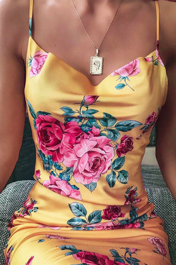 Lovely Chic Spaghetti Strap Print Yellow Mini Dress