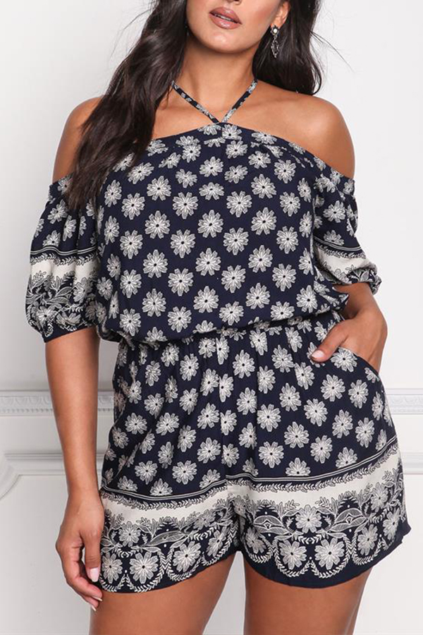 

Lovely Casual Print Dark Blue One-piece Romper