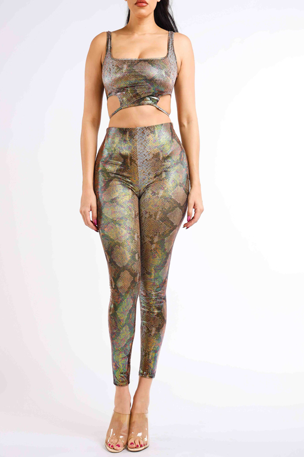 

Lovely Casual U Neck Hollow-out Gold Two-piece Pants Set