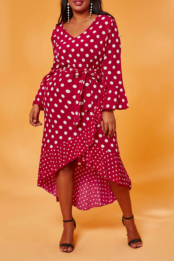 

Lovely Casual Dot Print Red Mid Calf Plus Size Dress
