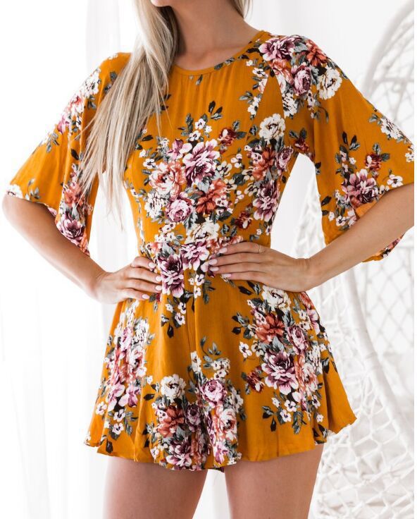 

Lovely Leisure Floral Print Yellow One-piece Romper