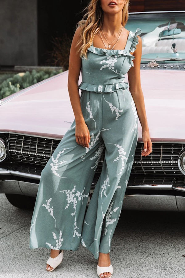 

Lovely Chic Flounce Design Loose Green One-piece Jumpsuit