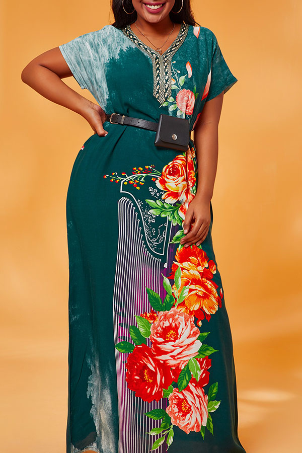 

Lovely Casual Print Blackish Green Maxi Plus Size Dress, Black green