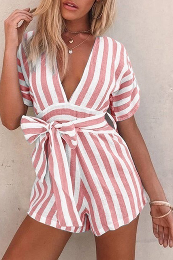 

Lovely Chic Deep V Neck Striped Red One-piece Romper