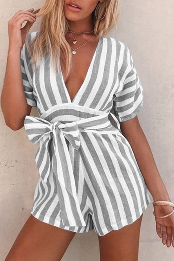 

Lovely Chic Deep V Neck Striped Grey One-piece Romper