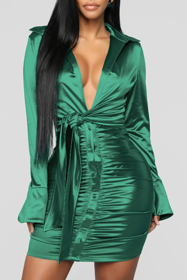 

Lovely Trendy Deep V Neck Fold Design Green Mini Dress