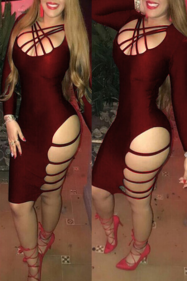 

Lovely Sexy Hollow-out Wine Red Knee Length Dress
