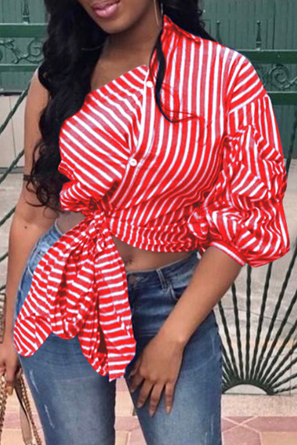 

Lovely Casual One Shoulder Striped Red Blouse