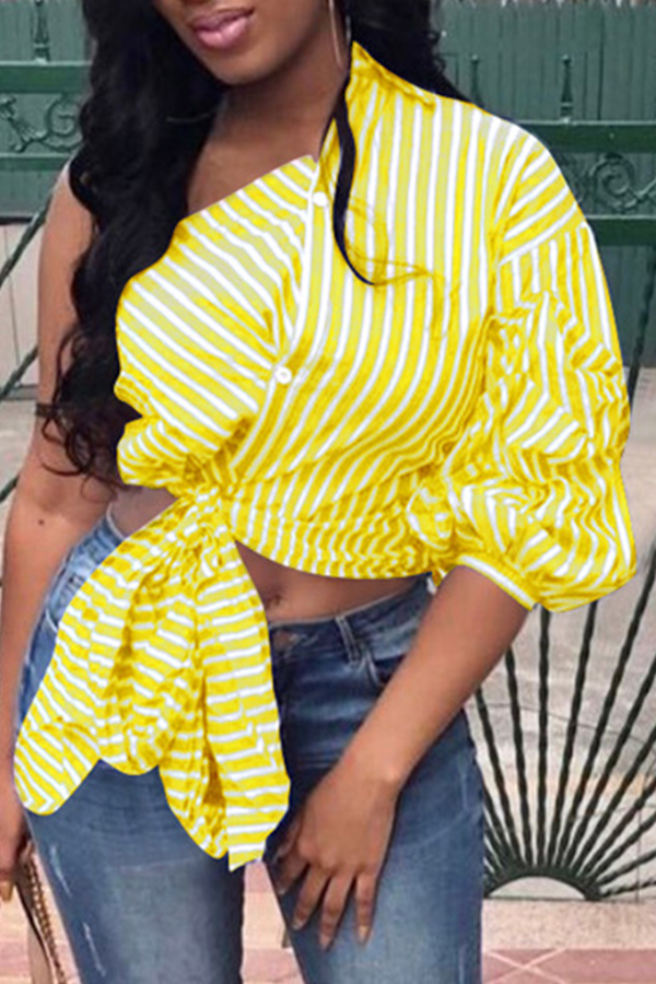 

Lovely Casual One Shoulder Striped Yellow Blouse