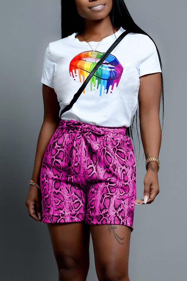 

Lovely Chic Lip Print Purple Two-piece Shorts Set