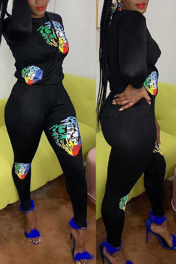 

Lovely Casual Print Skinny Black Two-piece Pants Set