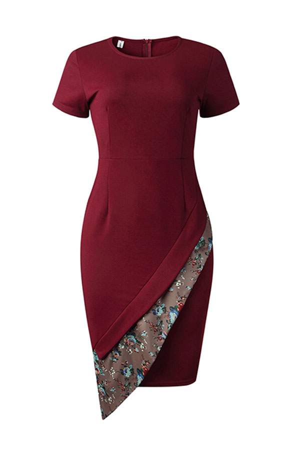 Lovely Casual Patchwork Wine Red Knee Length OL Dress от Lovelywholesale WW