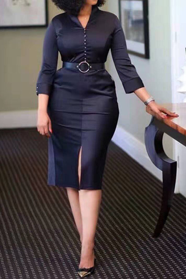 

Lovely Work Button Black Knee Length Dress