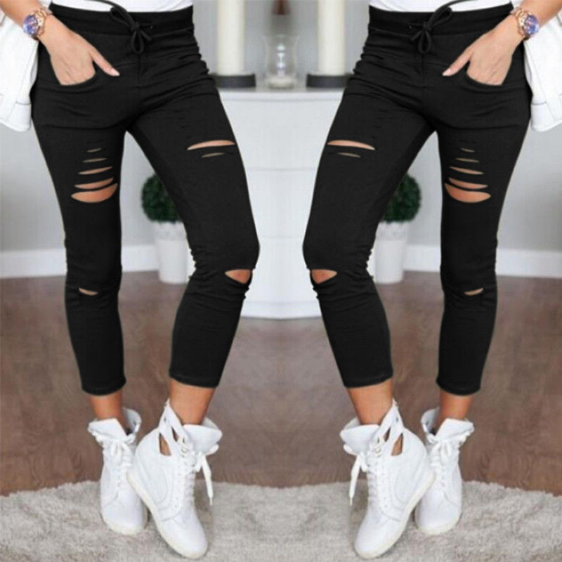 

Lovely Casual Hollow-out Skinny Black Pants