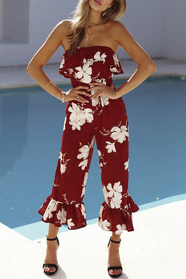 

Lovely Chic Print Flounce Wine Red One-piece Jumpsuit