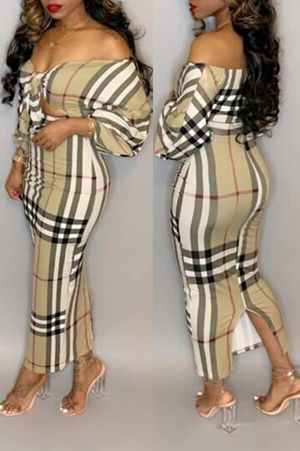 

Lovely Casual Plaid Print Browm Ankle Length Dress, Brown stripes