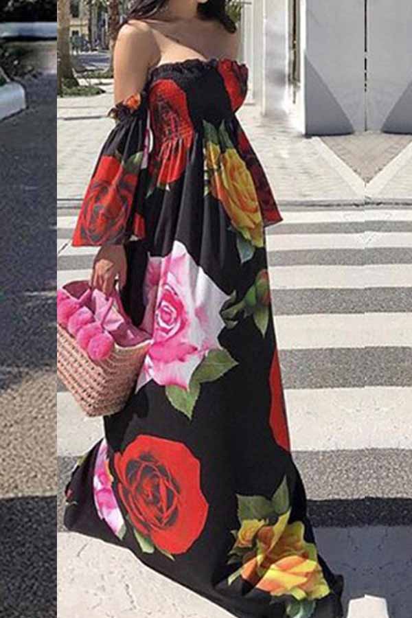 

Lovely Sweet Print Loose Black Maxi Dress
