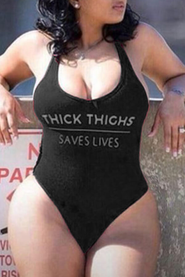 

Lovely Plus Size Letter Print Black One-piece Swimsuit
