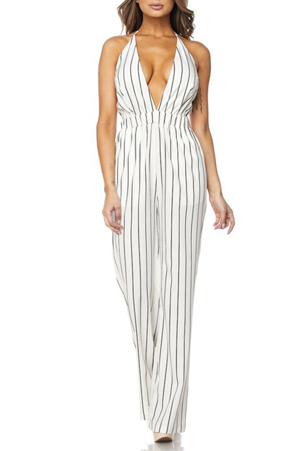 

Lovely Bohemian Striped White One-piece Jumpsuit, White stripe