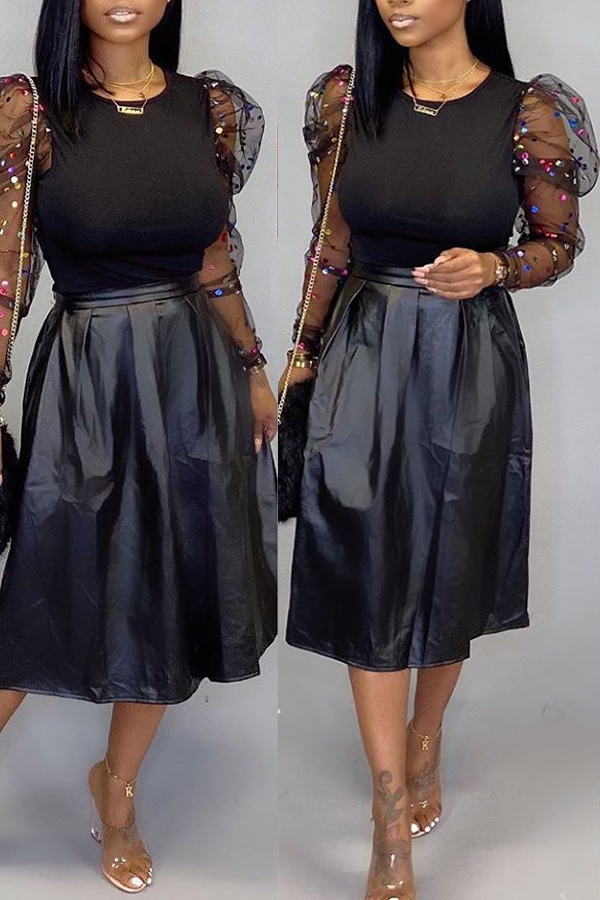 

Lovely Chic Patchwork Loose Black Two-piece Skirt Set