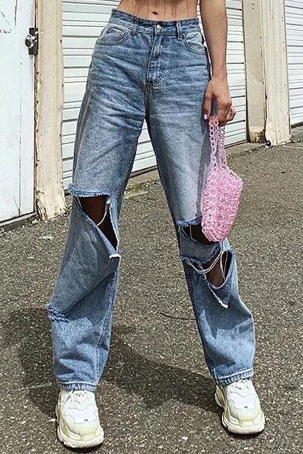 

Lovely Casual Broken Hole Black Jeans, Blue