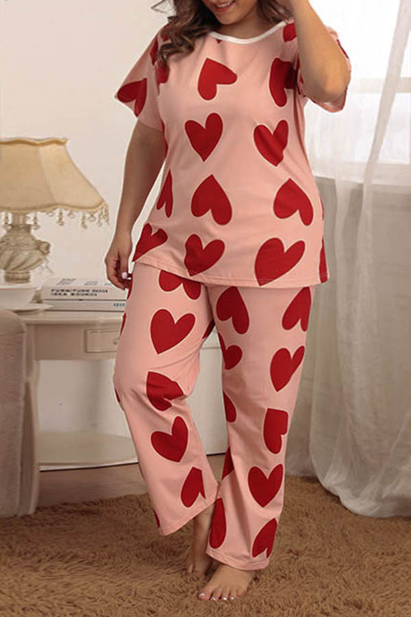 

Lovely Casual Print Pink Plus Size Two-piece Pants Set