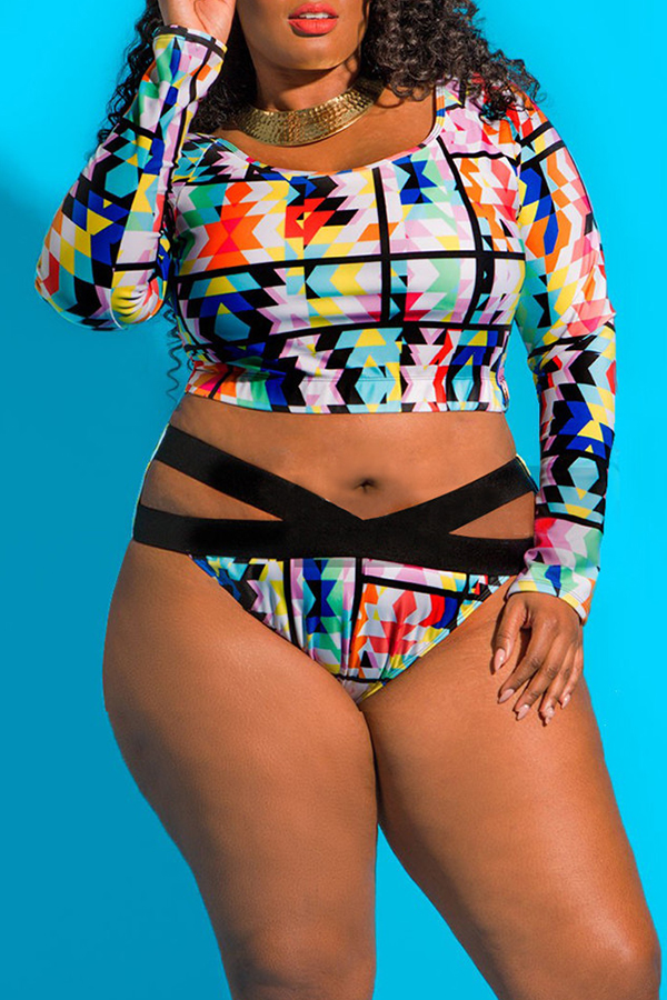 

Lovely Hollow-out Print White Plus Size Two-piece Swimsuit