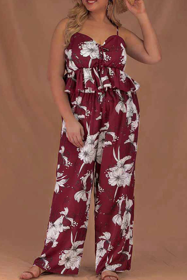 Lovely Casual Print Wine Red Plus Size Two-piece Pants Set