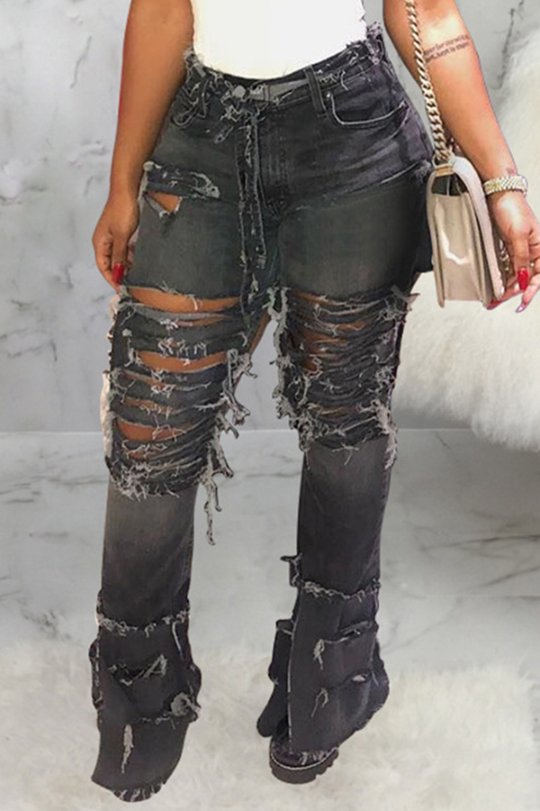

Lovely Casual Broken Holes Black Jeans