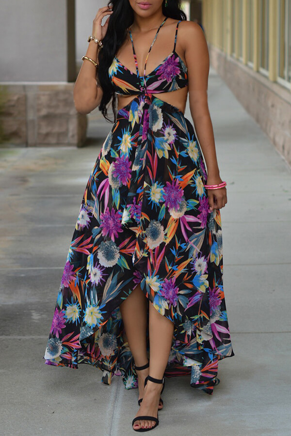 

Lovely Casual Backless Print Black Ankle Length Dress