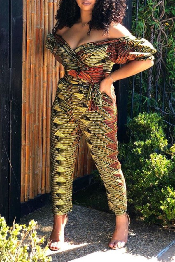 

Lovely Trendy V Neck Print Multicolor One-piece Jumpsuit, Multi