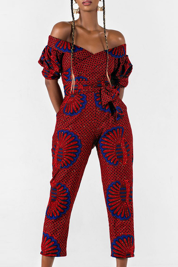 

Lovely Trendy V Neck Print Red One-piece Jumpsuit