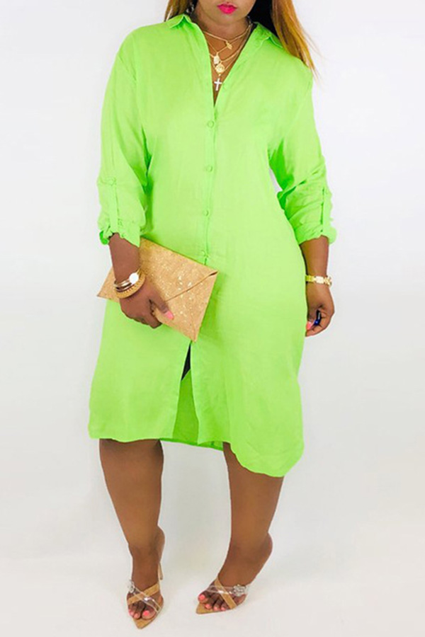 

Lovely Casual Button Green Knee Length Dress